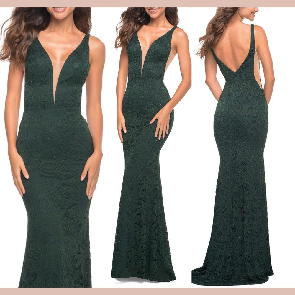 NWT La Femme [ 6 ] 29732 Plunging V Neck Rhinstone Lace Gown Dark Emerald #S2105
